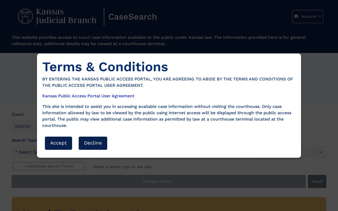 Johnson County case lookup on the Kansas CaseSearch live form