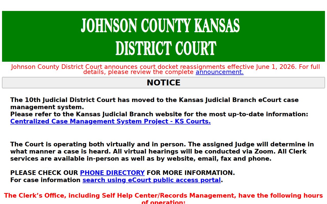 Johnson County 10th Judicial District home page with docket and court notices
