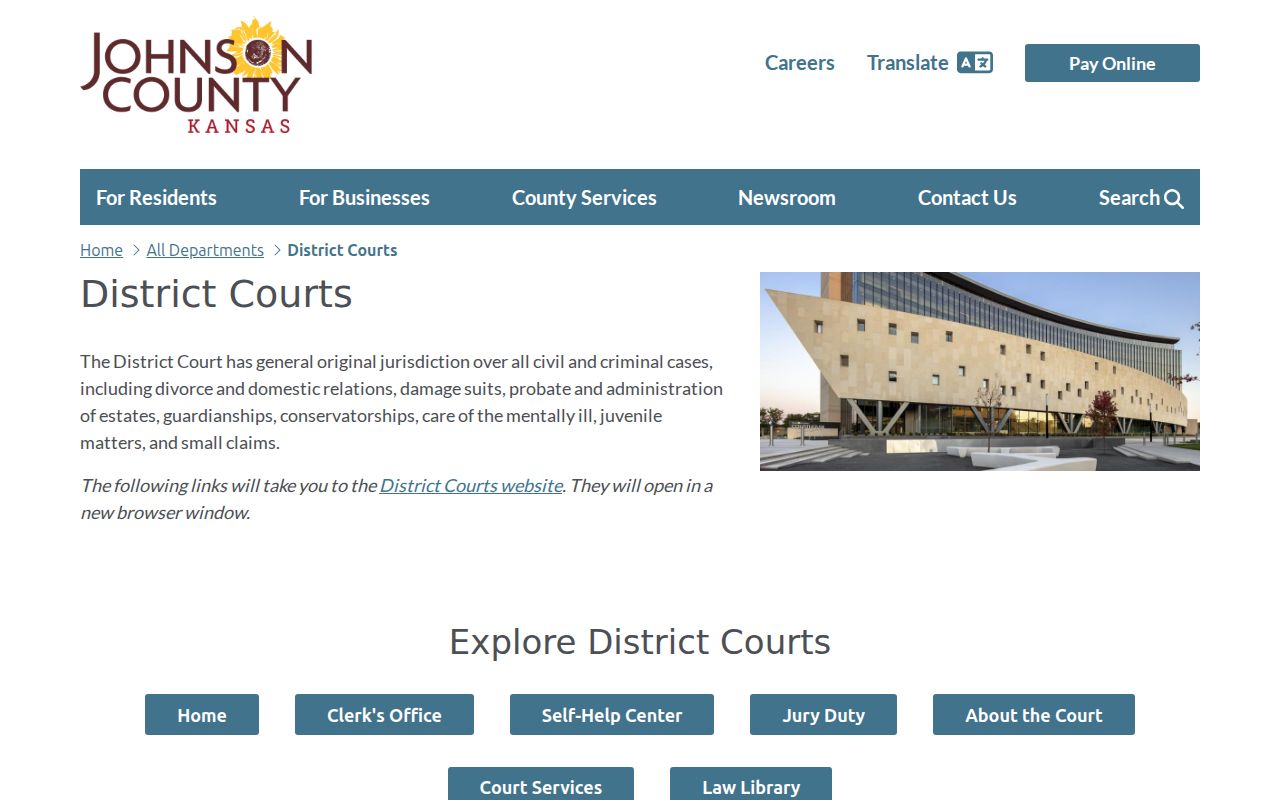 Official Johnson County District Courts landing page for courthouse docket access