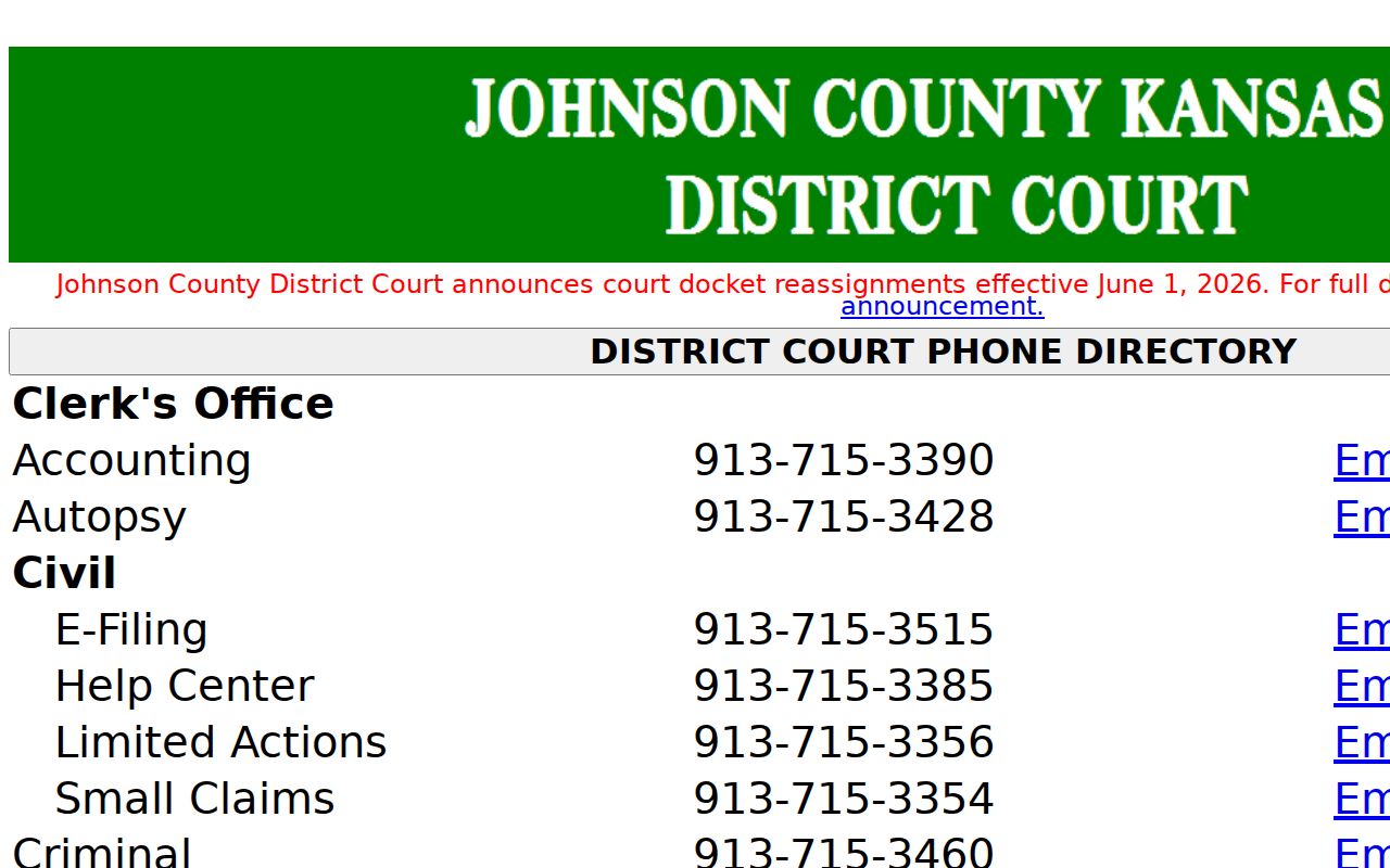 Johnson County court directory listing judges, divisions, courtrooms, and phone contacts