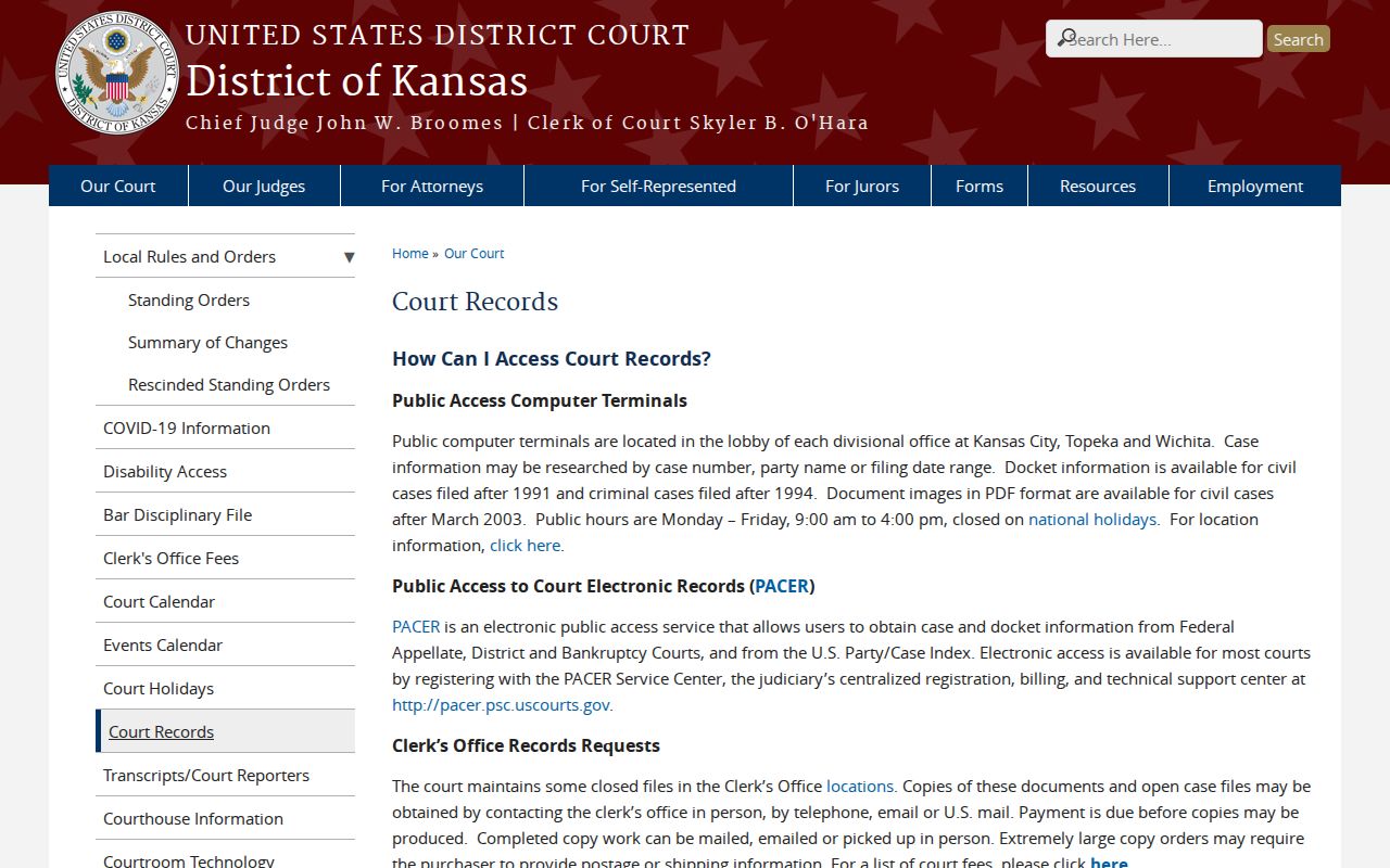 Federal District of Kansas public access terminal information